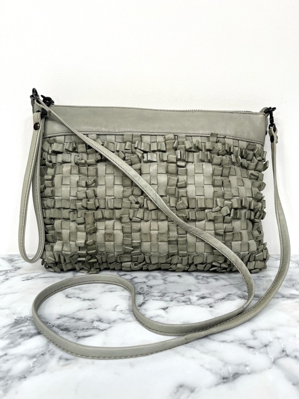 Hobo woven leather loop fringe crossbody bag Sage green convertible wristlet